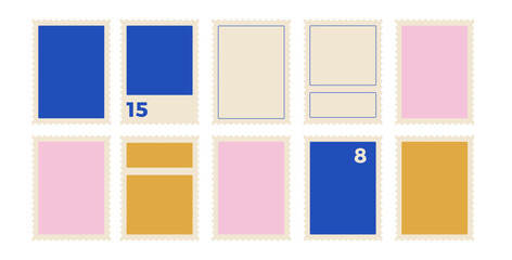 Postage stamps set. Blank empty mail postcard pack. Vector hand drawn flat collection illustration isolated on white background. Perforated paper mark templates.