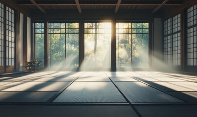 Serene Japanese Temple Interior with Sunlit Tatami Mats and Traditional Decor for Meditation and Spiritual Retreats, Generative AI