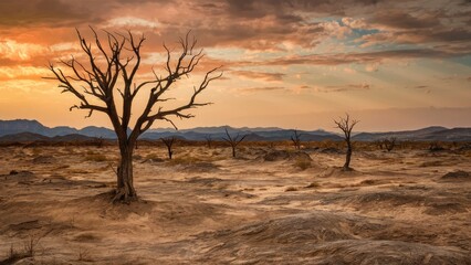 Barren dry landscape at sunset with silhouetted dead trees against orange and blue sky showcasing an arid environment devoid of life