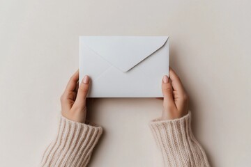 Fototapeta premium Woman holding a white envelope on a beige background