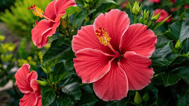 Vibrant pink hibiscus flowers with yellow stamens surrounded by lush green foliage and blurred red florals in the background, emphasizing tropical beauty.