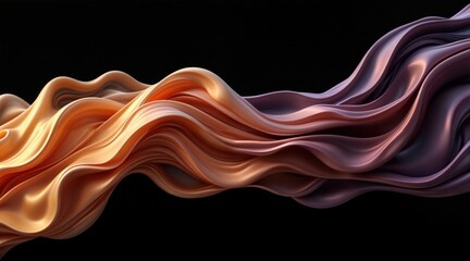 Silk-like streams or liquid flows in golden and purple hues, abstract three-dimensional composition with graceful curves on a black backdrop.