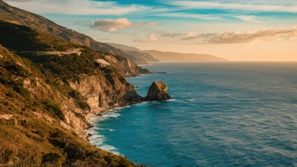 Coastal landscape at sunset with rocky cliffs on the left and vibrant blue ocean stretching towards the horizon under a colorful sky.
