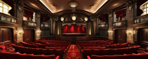 Obraz premium Luxurious vintage theater interior with red velvet seating and ornate decor