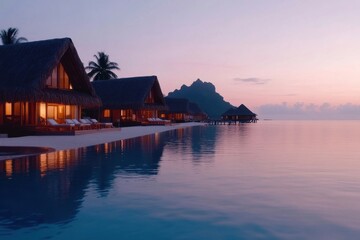 Obraz premium Luxury bungalows reflecting on infinity pool at sunset in bora bora