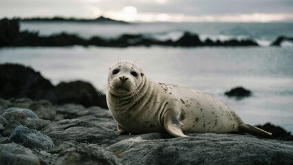Fototapeta premium Solitary seal resting on gray rocky shoreline with soft waves in background under a cloudy sky, featuring shades of gray and blue.