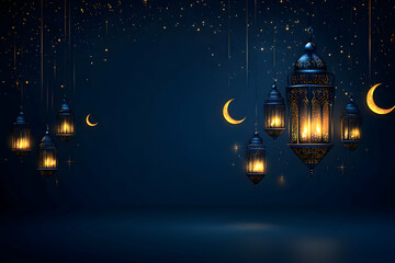 Obraz premium Festive Ramadan lanterns night, crescent moons, stars, greeting card
