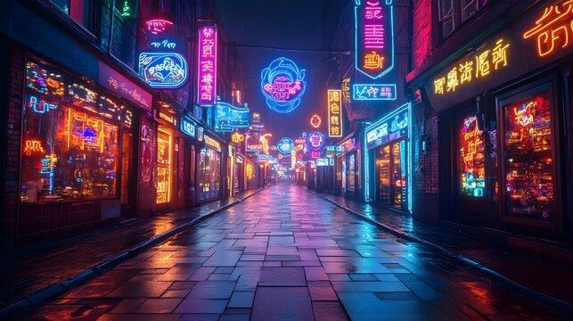 A background of bold neon signs in an urban alleyway.