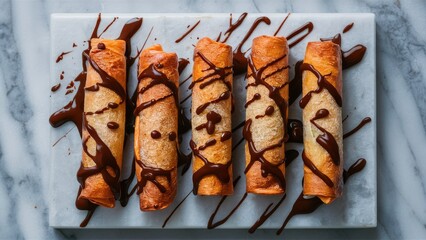 Crispy golden banana peel spring rolls elegantly drizzled with rich melted chocolate on a pristine white marble surface, arranged in a diagonal line.