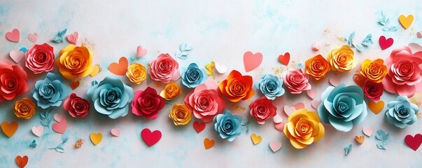 Colorful paper roses and hearts on textured background for creative decoration