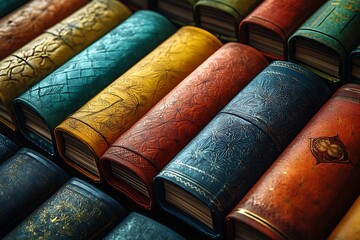 Row of antique books with vibrant spines arranged horizontally

