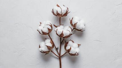 Cotton flower branch featuring white cotton blooms with brown stems positioned centrally against a minimalistic white textured background.