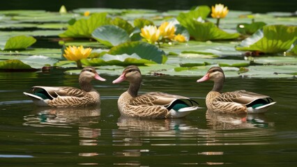 Gentle family of wild ducks swimming gracefully in a serene lake surrounded by vibrant green lily pads and bright yellow water lilies
