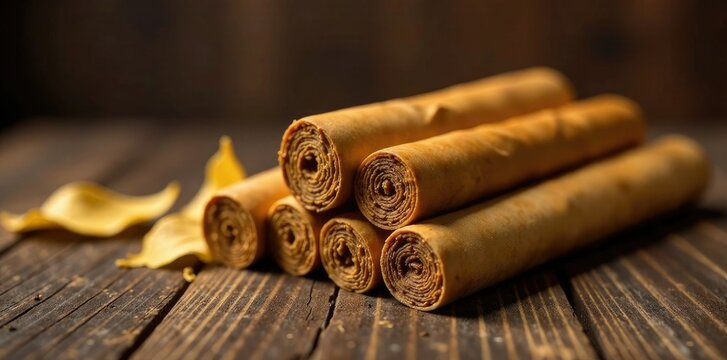 Golden cheroots Burmese cigars on a wooden table, dried, burmese, wooden table