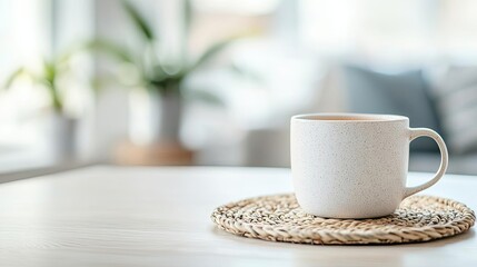 Fototapeta premium Minimalist home concept. A serene photo of a coffee cup on a rustic coaster in a bright, inviting space.