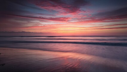 Fototapeta premium Serene sunset over the shoreline with vibrant orange and pink hues reflecting on gentle ocean waves creating a dreamy bokeh effect.