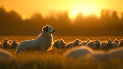 Fototapeta premium a shepherd dog in the prairie is putting a flock of sheep 