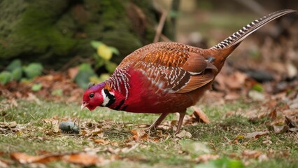 Fototapeta premium Blood Pheasant foraging among fallen leaves on soft green grass, with vibrant red and brown plumage against a blurred woodland background.