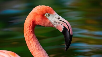Closeup portrait of a vibrant Lesser Flamingo displaying bright orange and pink hues with a sleek black beak against a soft green and blue background.