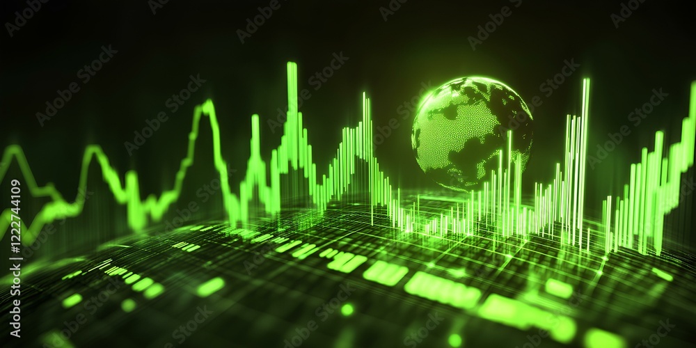 Poster a vibrant and dynamic digital background featuring an array of glowing data charts, with neon green 