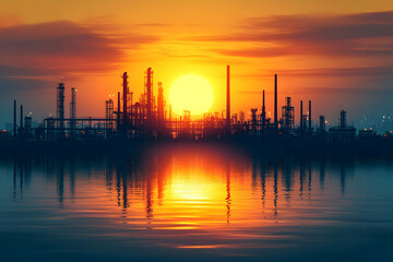 Obraz premium Refinery sunset silhouette, water reflection, industry