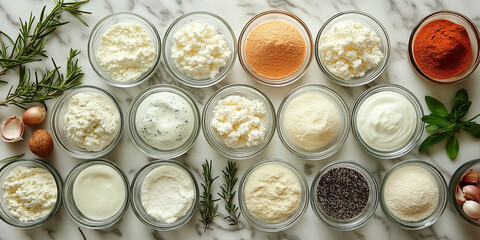 Variety of dairy and spices in jars on marble background