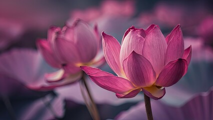 Pink lotus flowers in the foreground with soft focus purple lily pads in the background, creating an abstract serene atmosphere.