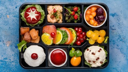 Nutritious school lunch tray featuring colorful fruits, vegetables, and proteins arranged in a black tray on a blue background.