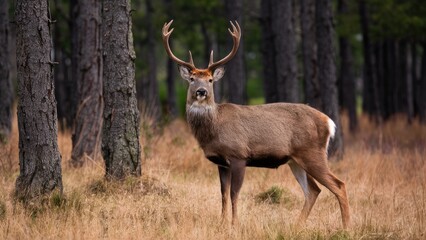 Obraz premium Majestic deer with prominent antlers standing alert among tall brown grass and dark green pine trees in a serene protected habitat.