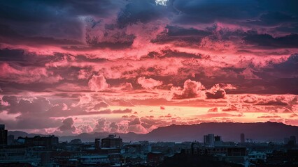 Vibrant sunset sky painted in hues of pink and purple with silhouetted city skyline in foreground contrasting against dramatic clouds and mountains.