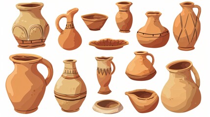 Quirky Rustic Pottery Cartoon Illustration with Clay Jars, Bowls, Dishes, and Old Art