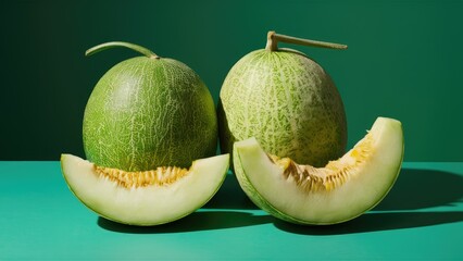 Two whole green melons with textured skin positioned symmetrically, showcasing a sliced piece revealing yellow flesh in front on a teal background.
