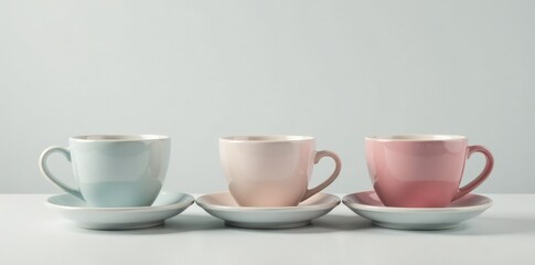 Fototapeta premium Gradual layered coffee cups on a soft gray-white background, caraffa, shallow depth