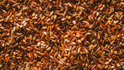 Closeup of toasted sesame seeds in various shades of brown and orange filling the frame with intricate textures and a natural earthy vibe