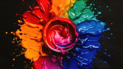 Vibrant thick pigment spills in circular arrangement with bright colors red orange yellow green blue and purple on dark background showcasing art and creativity