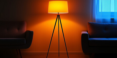 Tripod floor lamp casting orange glow in stylish room