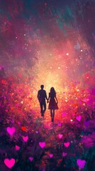 Fototapeta premium Lovers walking amidst a field of glowing heart-shaped flowers, bold oil-paint textures creating depth and emotion, vibrant romantic hues in the background