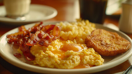 A delicious breakfast plate featuring fluffy scrambled eggs, crispy bacon, and crispy golden hash browns for a hearty morning meal