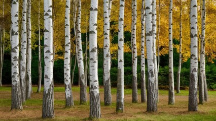 Birch tree trunks with striking white bark stand in organized rows amidst vibrant yellow autumn leaves on a serene forest floor.