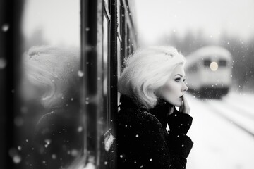 A woman looking at a train departing from the station, her hand pressed against the glass, as if longing for someone on board