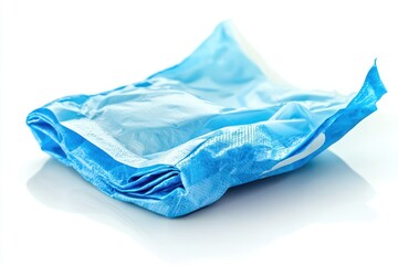 Obraz premium A crumpled blue disposable medical or hygiene product on a reflective surface.