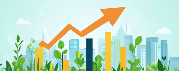 Sustainable growth concept with rising graph and city skyline