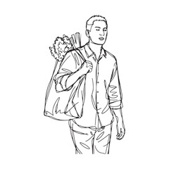 Man with Grocery Bags and Vegetables - Digital Line Art for Grocery Store Themes - Man Carrying Groceries Silhouette - Man Carrying Groceries Vector - Shopping Illustration 