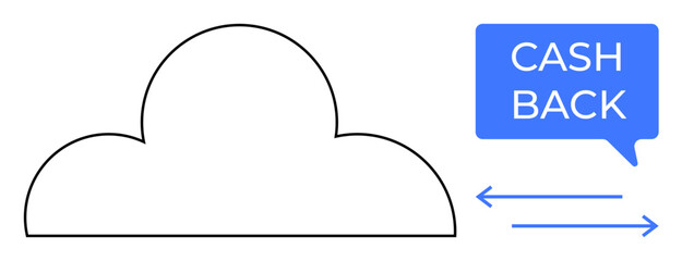 Cloud outline suggesting computing or storage, blue speech bubble containing CASH BACK text, and horizontal arrows symbolizing exchange. Ideal for tech, finance, benefits, savings, rewards, cloud