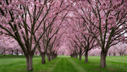 Fototapeta premium Pathway lined with pink blossoming cherry trees under a cloudy sky, vibrant green grass creating a serene spring landscape scene.
