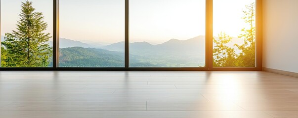 Minimalist home concept. Bright and airy modern room with large windows showcasing a beautiful mountain view.