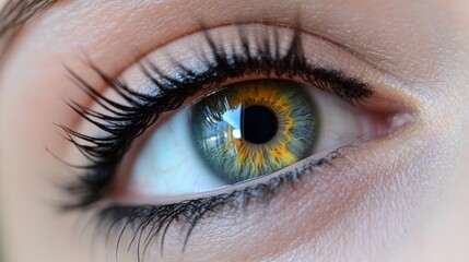 Fototapeta premium Close-up view of a beautiful eye revealing striking colors and intricate details of the iris and eyelashes