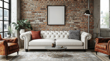 Industrial Chic Living Room Mockup: A contemporary living room with exposed brick walls, vintage-inspired furniture.