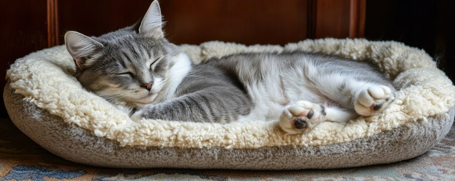 Gray tabby cat sleeping comfortably in soft pet bed indoors