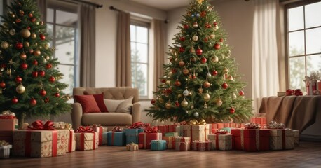 Group of presents and gift boxes arranged around a large Christmas tree, holiday presents, presents and trees